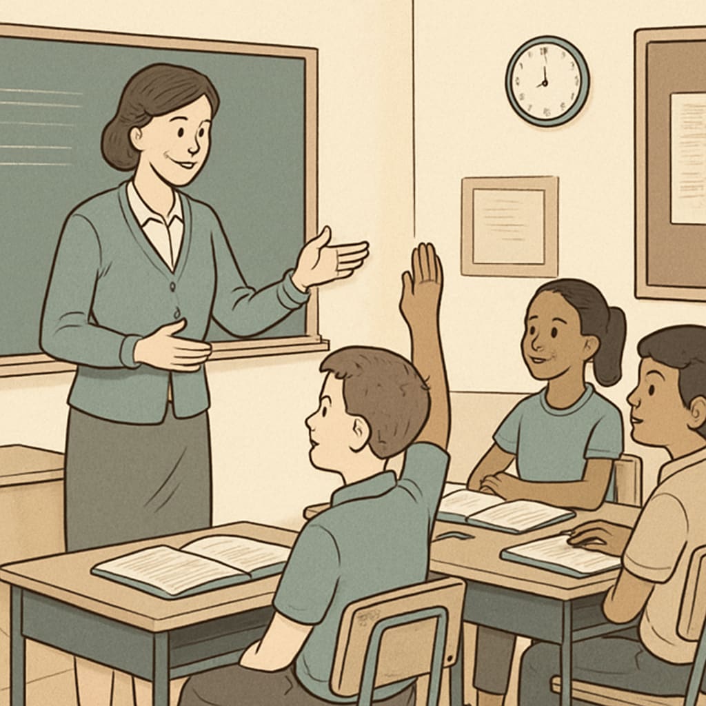 A classroom with a teacher encouraging students while maintaining a structured learning environment. This image reflects the concept of balancing strictness with emotional care in education. Teacher encouraging students in a structured classroom environment.