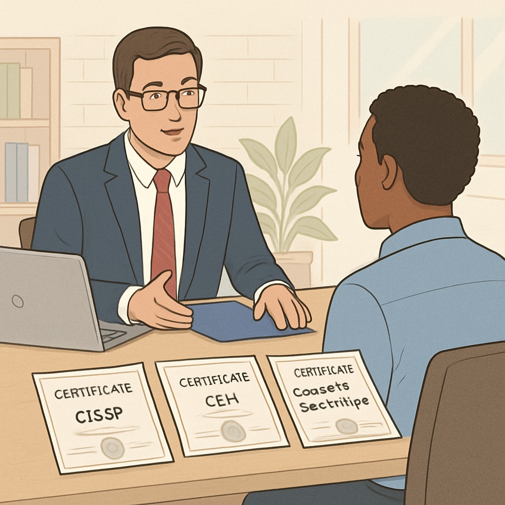 A hiring manager interviewing a candidate with cybersecurity certifications displayed on the table. A hiring manager reviewing cybersecurity certifications, emphasizing employer preferences.