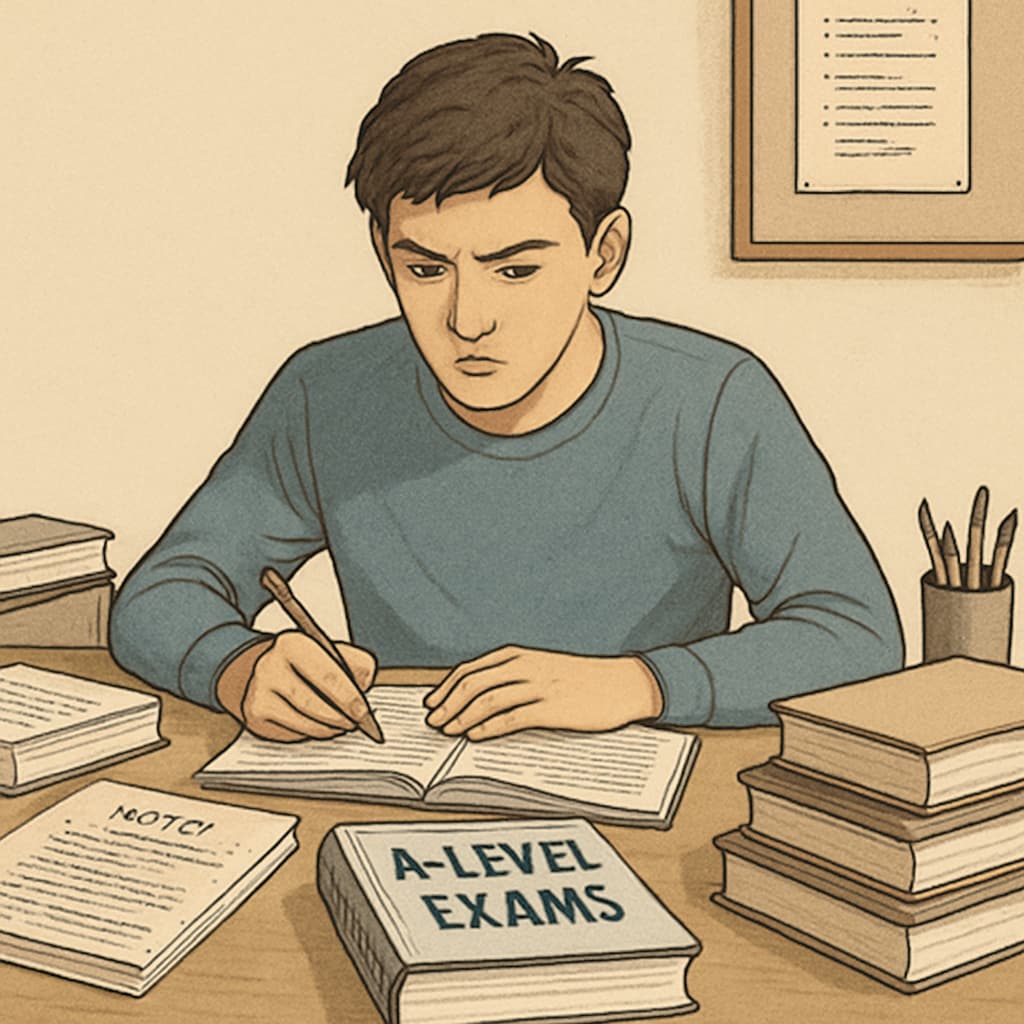 A student studying for A-Level exams with books and notes spread on a desk, representing the effort involved in retaking exams. Student preparing for A-Level exams with study materials.