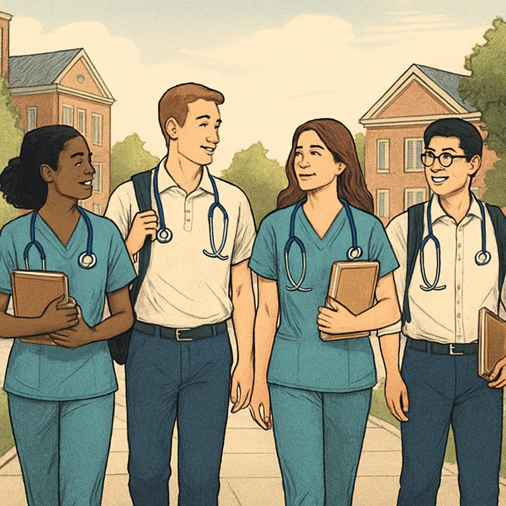 A group of nursing students walking on a university campus, symbolizing the transition from community college to a nursing program. Nursing students on campus highlighting the college transfer process.