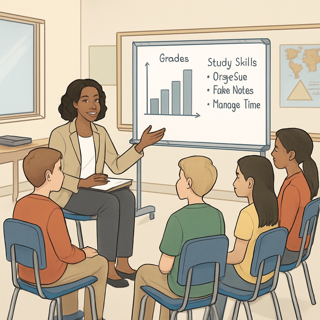 A school counselor meeting with a group of middle school students to discuss academic strategies. School counselor guiding middle school students during a discussion about academic strategies.