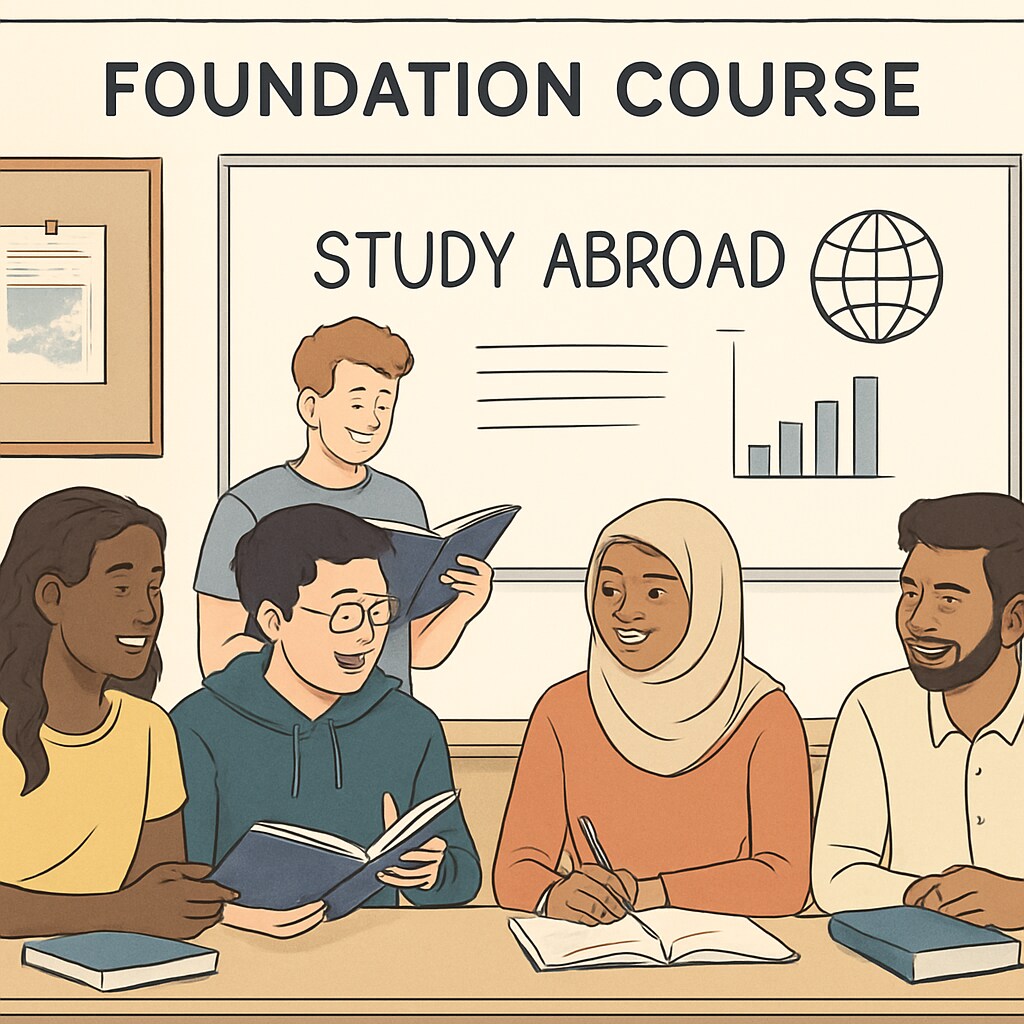 A diverse group of international students attending a foundation course class, symbolizing the global opportunities offered by studying abroad. International students in a foundation course classroom.