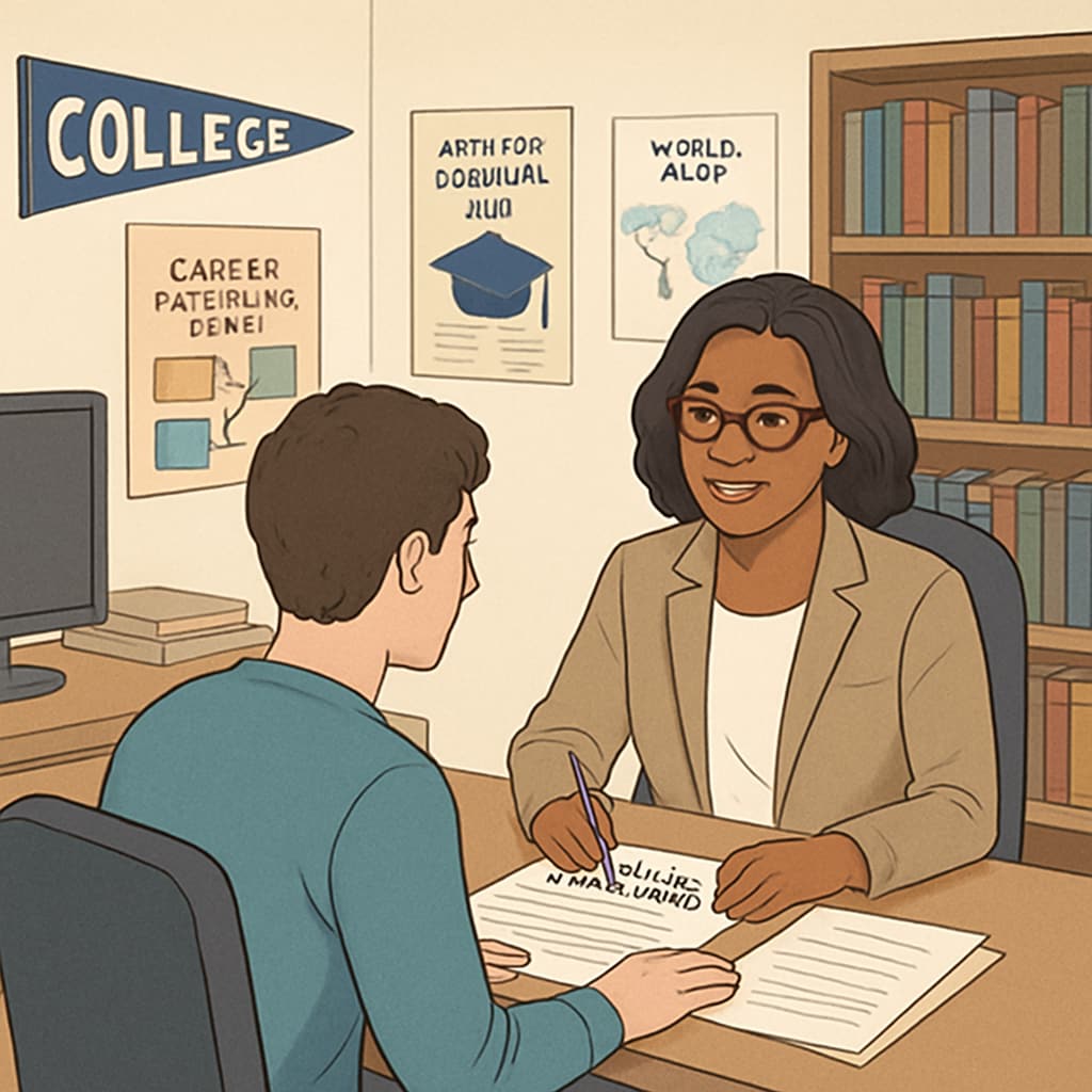 A high school counselor assisting a student with college application documents in their office. High school counselor helping a student review college application documents.