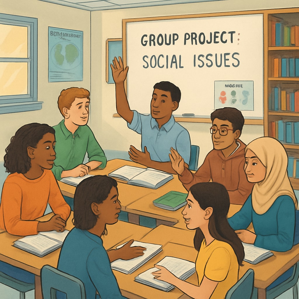 A classroom filled with diverse students discussing a project on social issues, symbolizing inclusivity in education. Diverse students discussing inclusivity in education in a classroom setting.