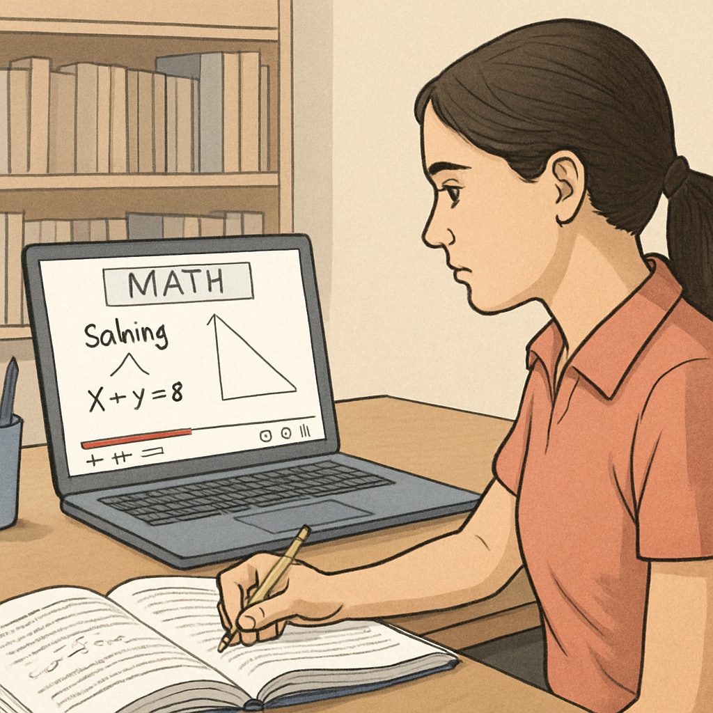 A woman studying at her desk with a laptop open, watching an educational YouTube video on math problem-solving. Woman watching a YouTube math tutorial for campus recruitment preparation.