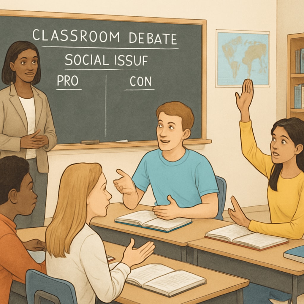 A teacher facilitating a debate in a classroom, with students sharing diverse opinions on a contemporary social issue. Teacher and students debating social issues in a classroom.