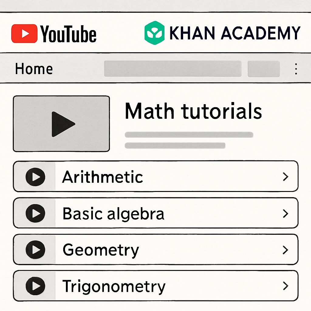 A screenshot of the Khan Academy YouTube channel homepage, highlighting its math tutorial playlists. Screenshot of Khan Academy’s math playlists for recruitment test preparation.