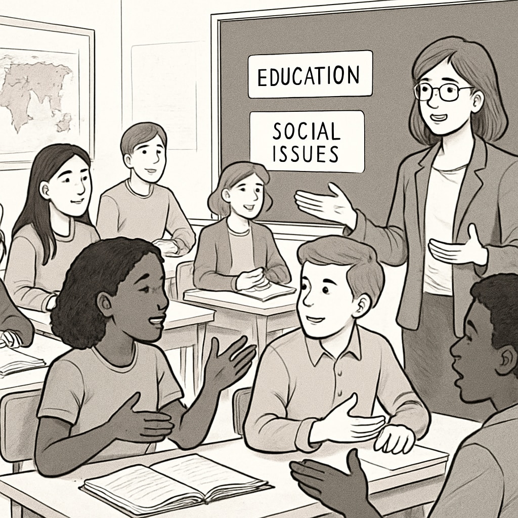 Diverse students discussing social justice topics in a classroom setting.