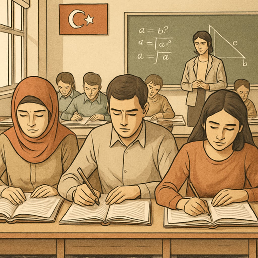 Turkish students studying under the centralized examination system, highlighting exam pressure.