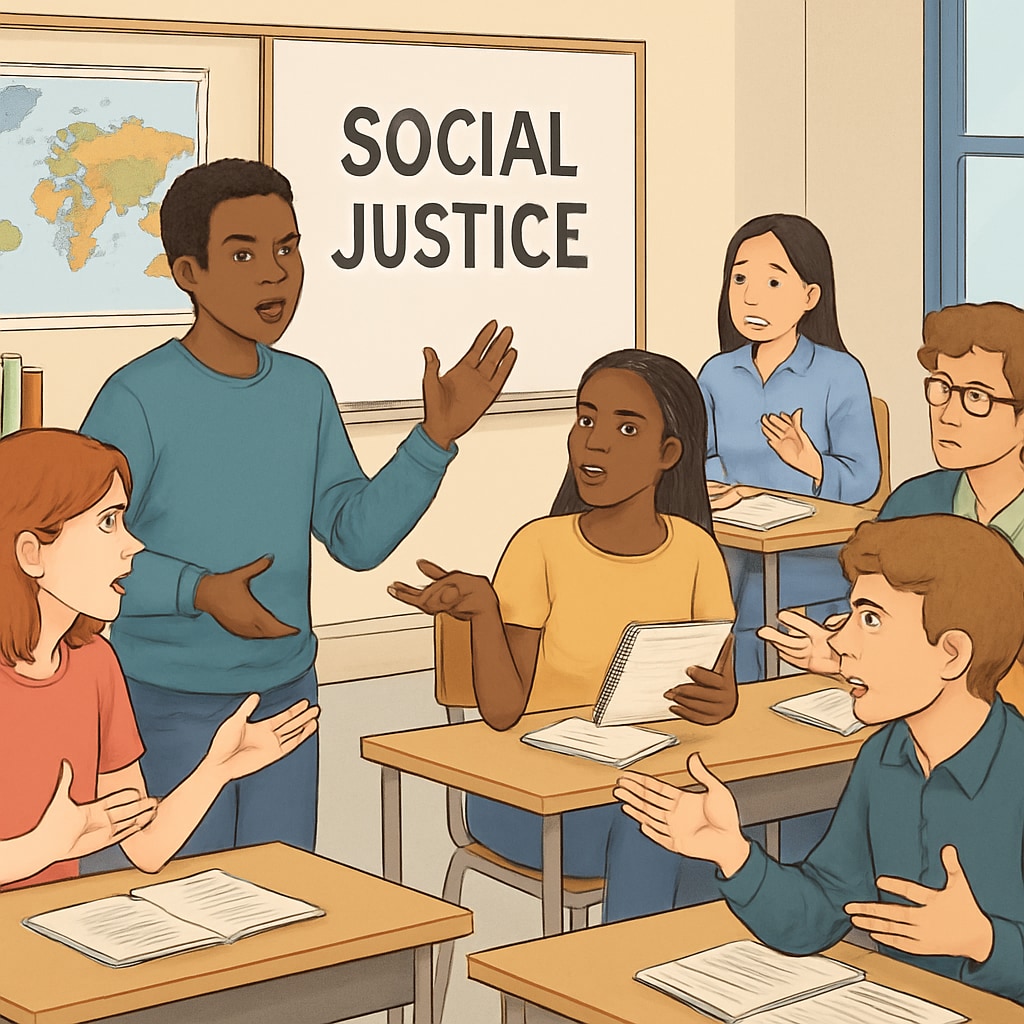 High school students debating social justice topics during class.
