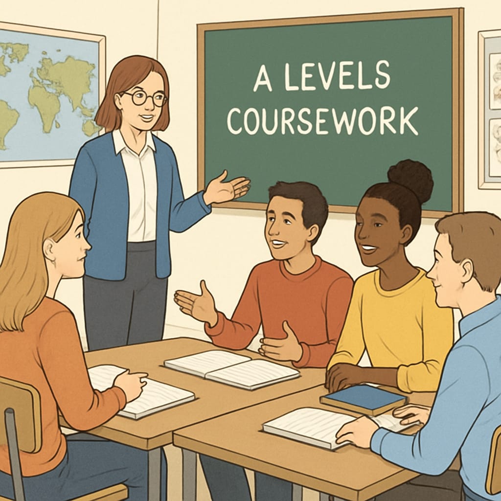 Students participating in A Levels coursework discussions, emphasizing flexibility and personalized learning.