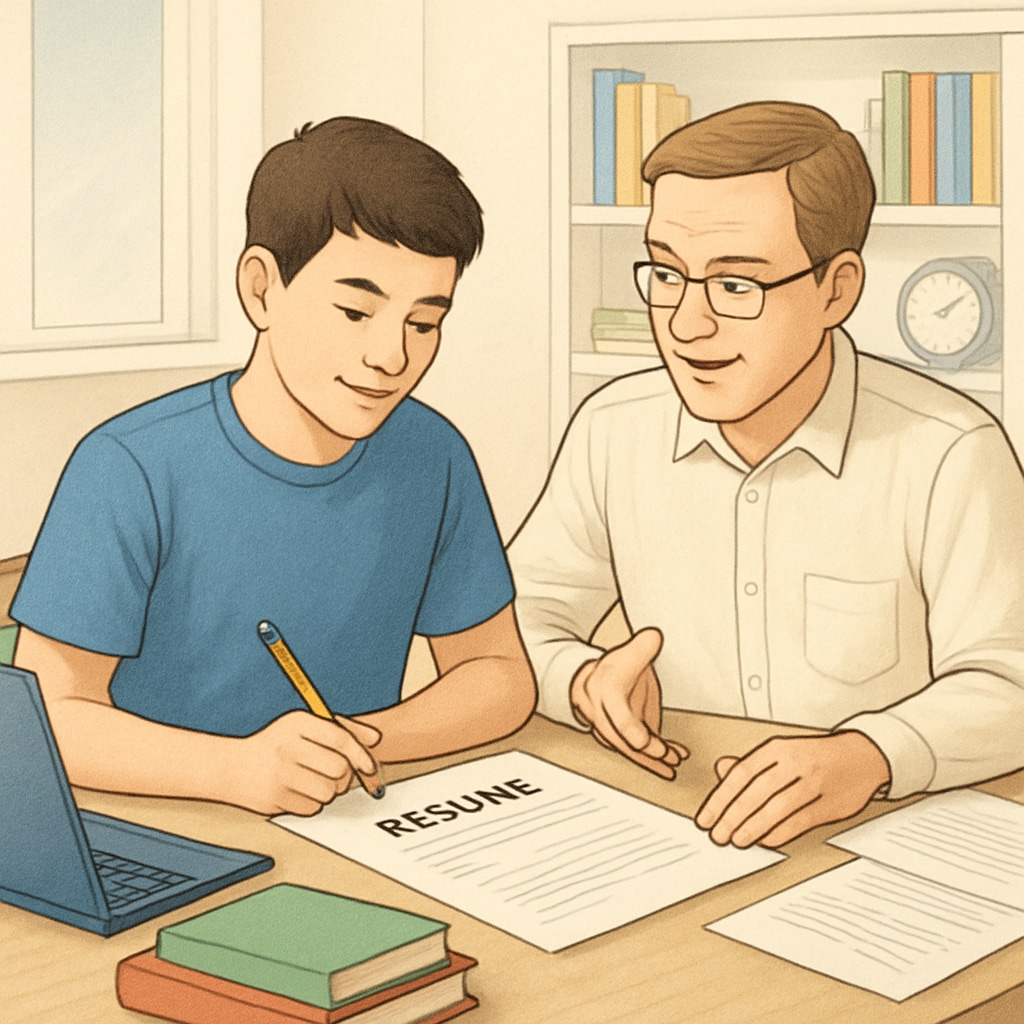 A student and mentor working on a Canadian resume, representing collaboration and guidance.