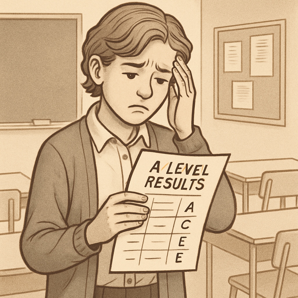 A-level results paper held by a student with a concerned expression, representing challenges after poor grades.
