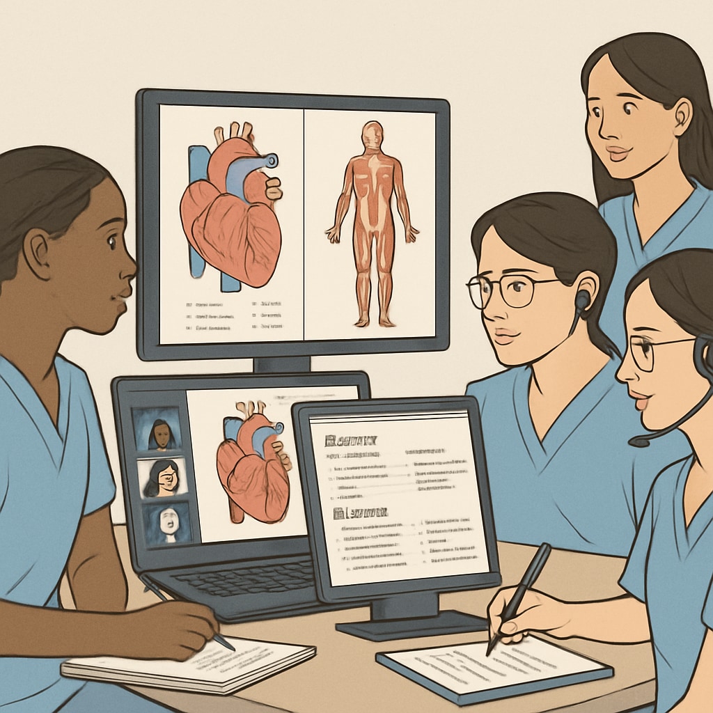 A group of nursing students collaborating in an online Discord meeting, with visible screens showing anatomy diagrams and study notes. Nursing students using Discord for a virtual study group.