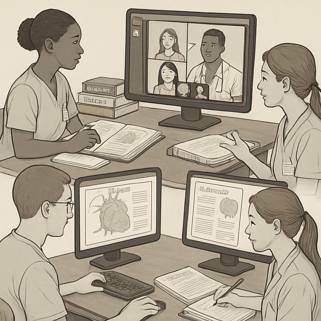 A group of nursing students interacting in an online study group on Discord, discussing medical case studies. Nursing students participating in a Discord study group discussing case studies.