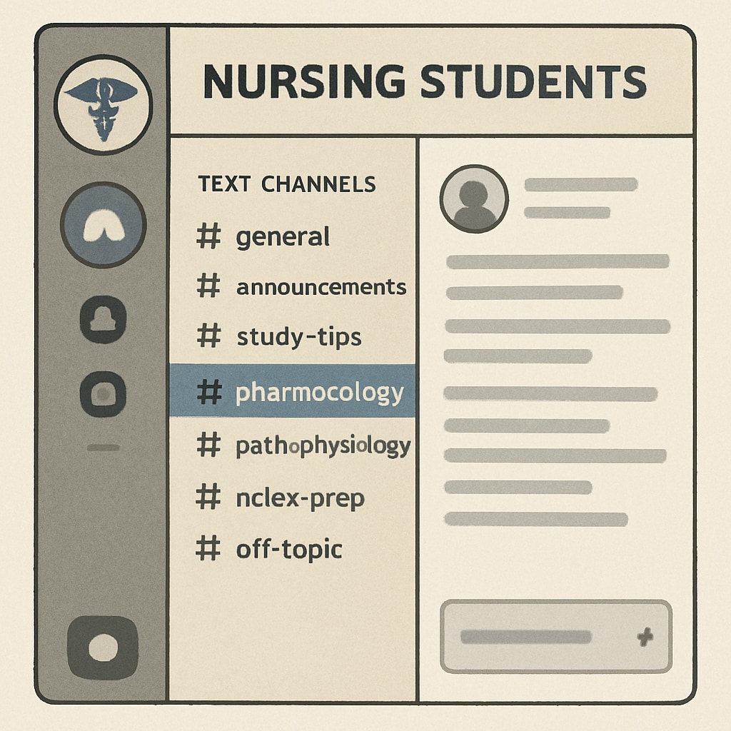 A screenshot of a well-organized Discord server for nursing students, featuring multiple topic-based channels like Discord server for nursing students with organized channels.