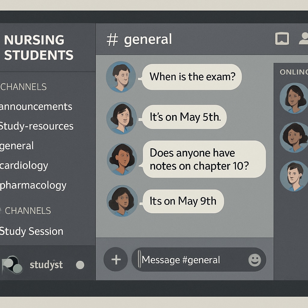 A screenshot of a Discord server designed for nursing students, showing organized channels and active discussions. Discord server interface for nursing students with organized channels and discussions.