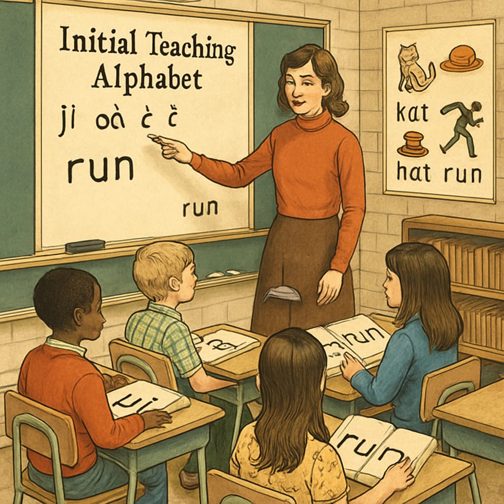 Children learning with the Initial Teaching Alphabet in a 1970s classroom.