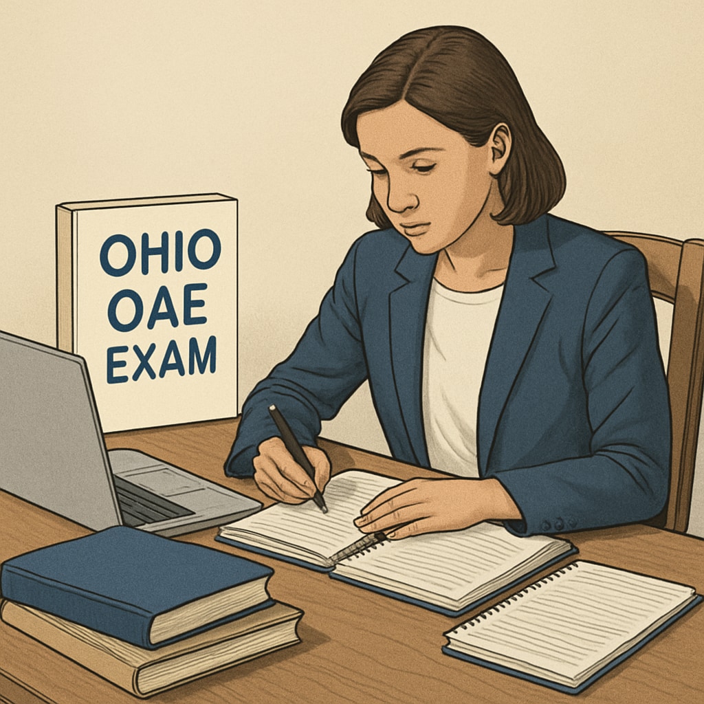 A candidate studying for the Ohio OAE exam at a desk with study materials and a laptop. The image depicts a focused preparation atmosphere. Ohio OAE exam candidate studying with materials and laptop.