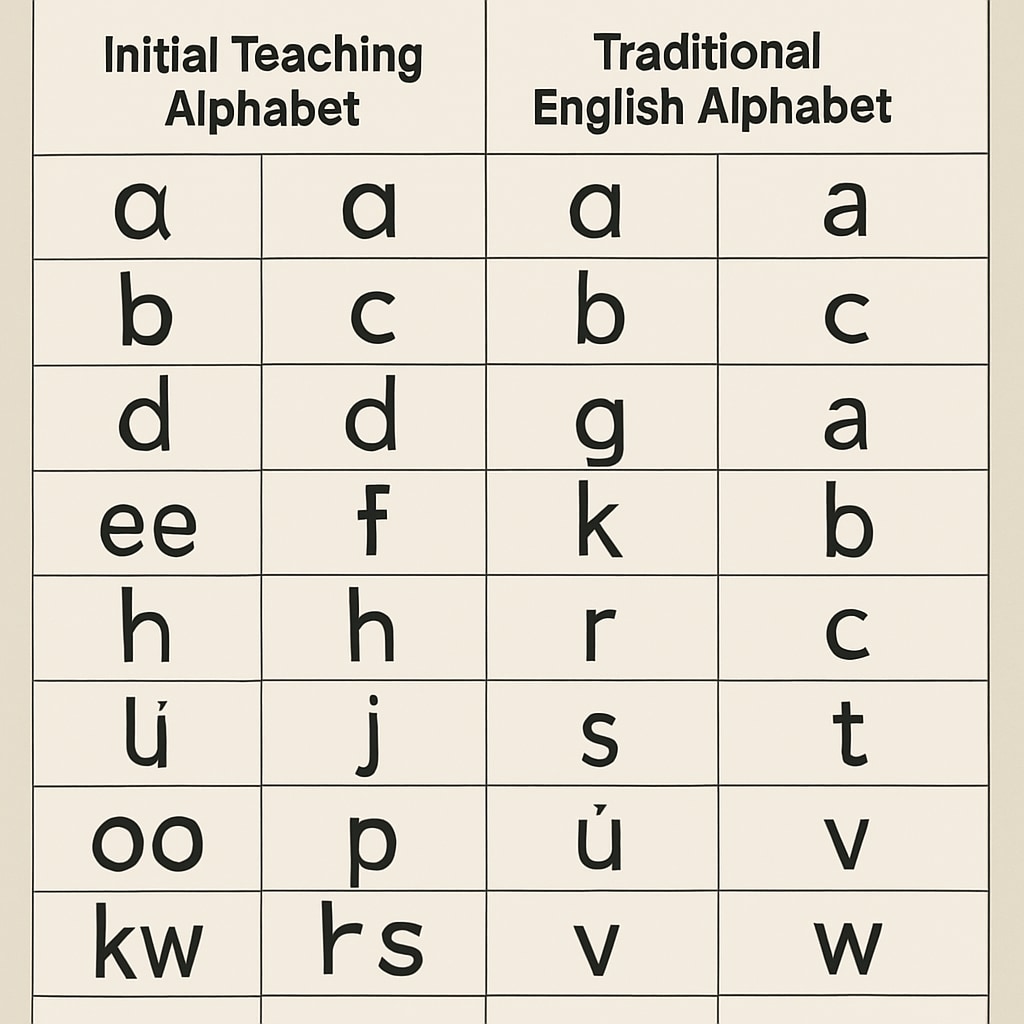 Comparison chart of the Initial Teaching Alphabet and traditional English alphabet characters.
