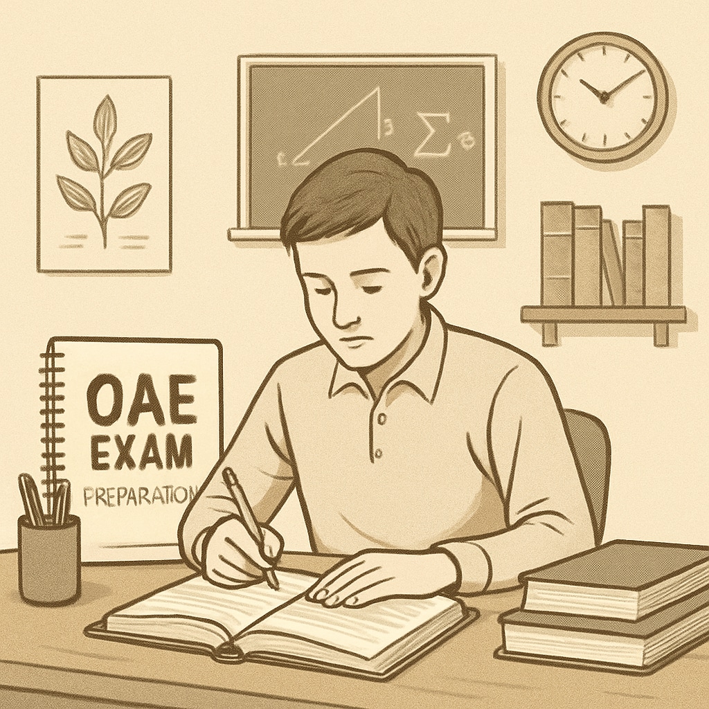 Student preparing for OAE exam with study materials and a calm environment.