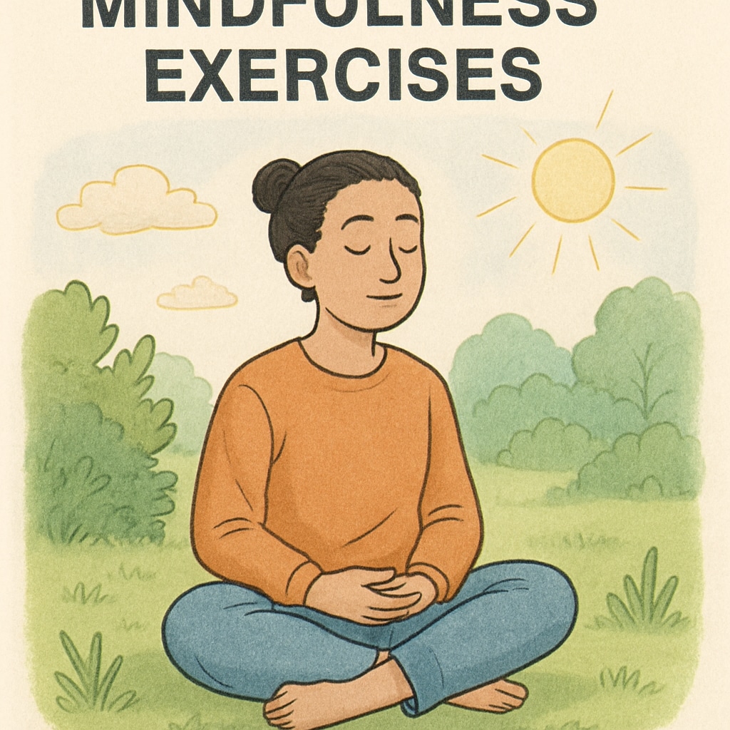 A person practicing mindfulness exercises, sitting cross-legged in a serene environment. This image represents stress management techniques. Mindfulness exercises to reduce exam anxiety for OAE preparation.