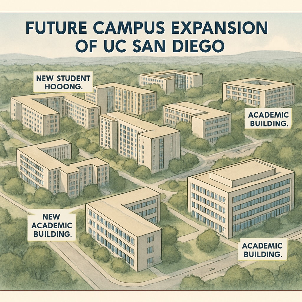 A rendering of UC San Diego's future campus expansion, showcasing new student housing and academic buildings. UC San Diego's campus expansion plan, including new buildings and housing.