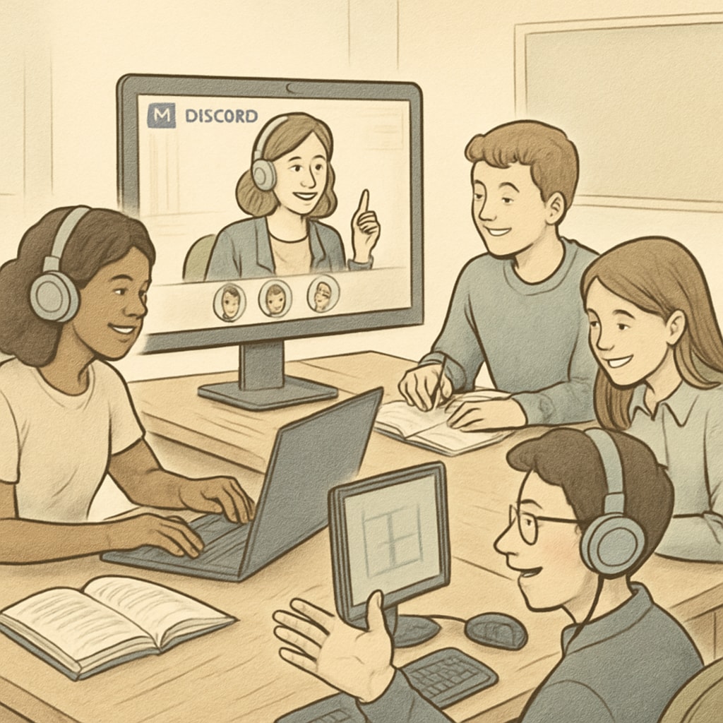 A group of students engaging in a collaborative online learning session via Discord, highlighting teamwork and technology. Students using Discord for collaborative learning inspired by the University of Houston.