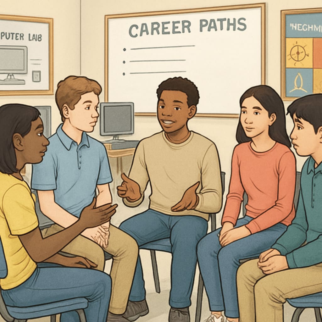 A group of diverse high school students discussing career paths in a technology classroom. High school students discussing careers in cybersecurity and data science.