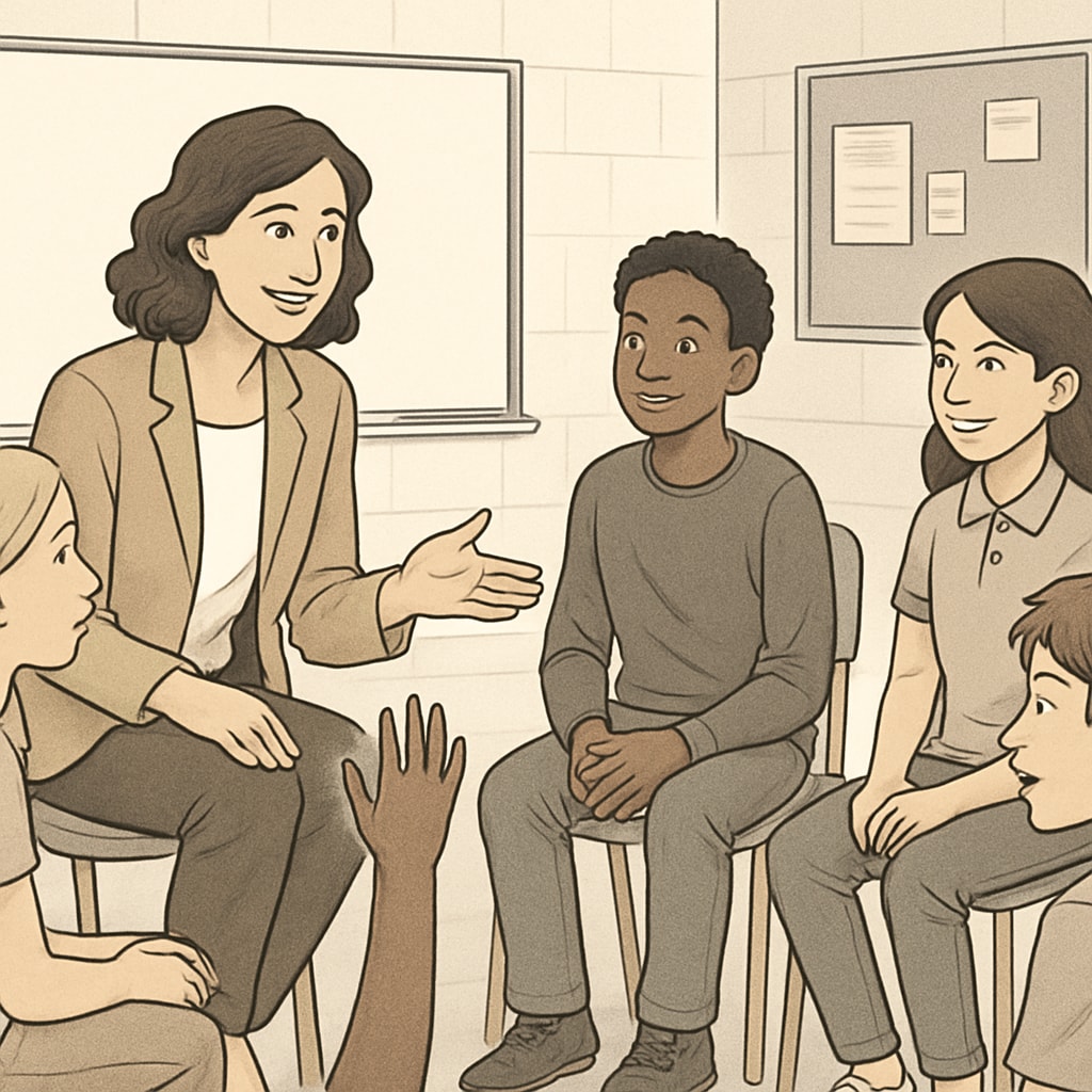 A teacher guiding K12 students in an interactive group discussion, emphasizing collaborative learning. Teacher leading K12 students in collaborative learning inspired by the University of Houston’s approach.