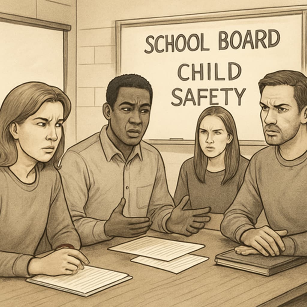A concerned group of parents discussing child safety at a school board meeting. Parents discussing child safety concerns at a school board meeting.
