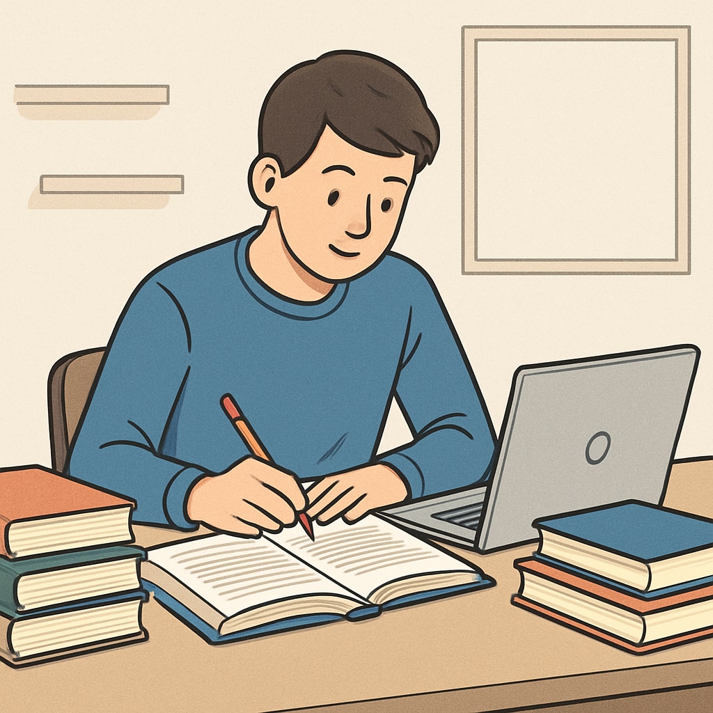A young adult studying at a desk with books and a laptop, representing independent learning opportunities. A young adult studying with books and a laptop, symbolizing self-directed education.