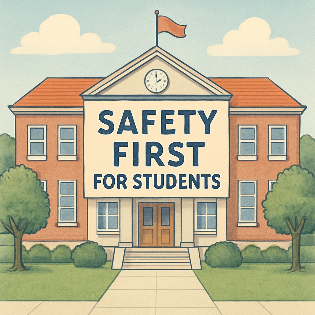 A school building with a sign emphasizing School building with a sign promoting student safety.