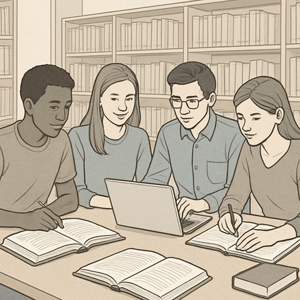 A group of students sitting in a university library, discussing and working together on academic materials. Students in a library collaborating on study materials, emphasizing study groups and teamwork.