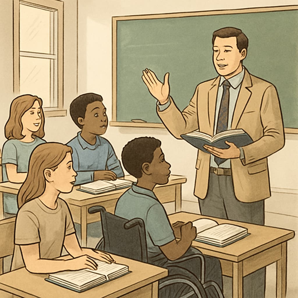 An instructor guiding students in a classroom setting, symbolizing inclusive learning support. An instructor assisting students in a classroom, emphasizing inclusive learning.