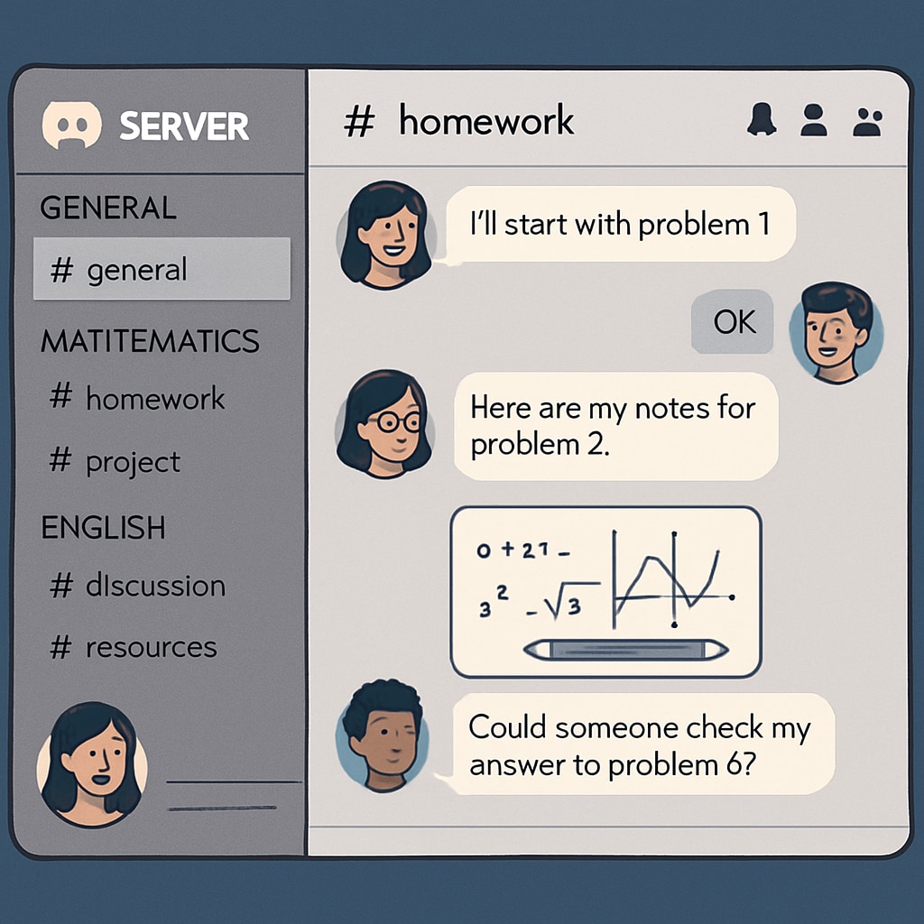 A screenshot of a Discord server with multiple channels organized by subject, showing students collaborating in real-time. Discord interface showcasing organized study channels for collaborative learning.
