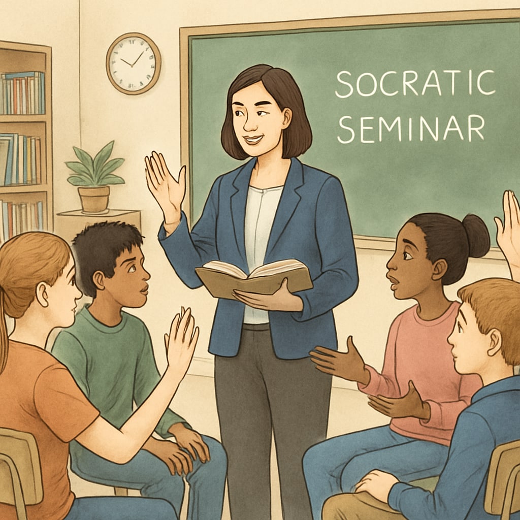A teacher conducting a Socratic seminar with middle school students.