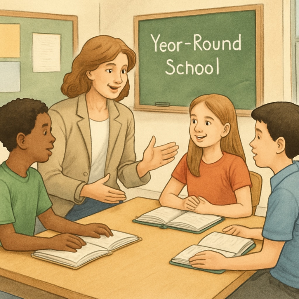 Teacher guiding students in a collaborative learning activity within a year-round school environment.