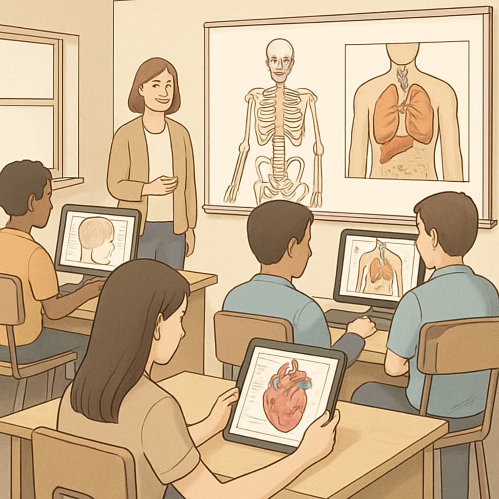 Students using online medical education tools to learn anatomy and health concepts.