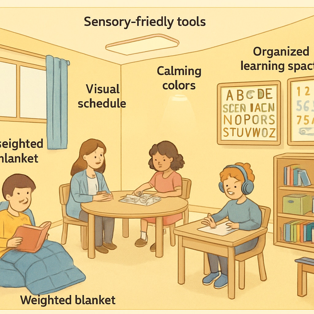 Special education classroom with sensory-friendly tools for autism spectrum children.