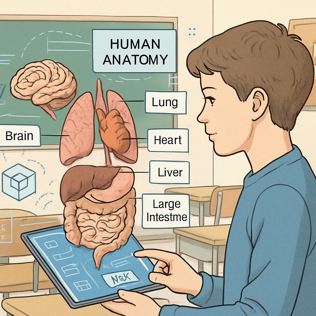 Student exploring human anatomy via augmented reality for medical education.