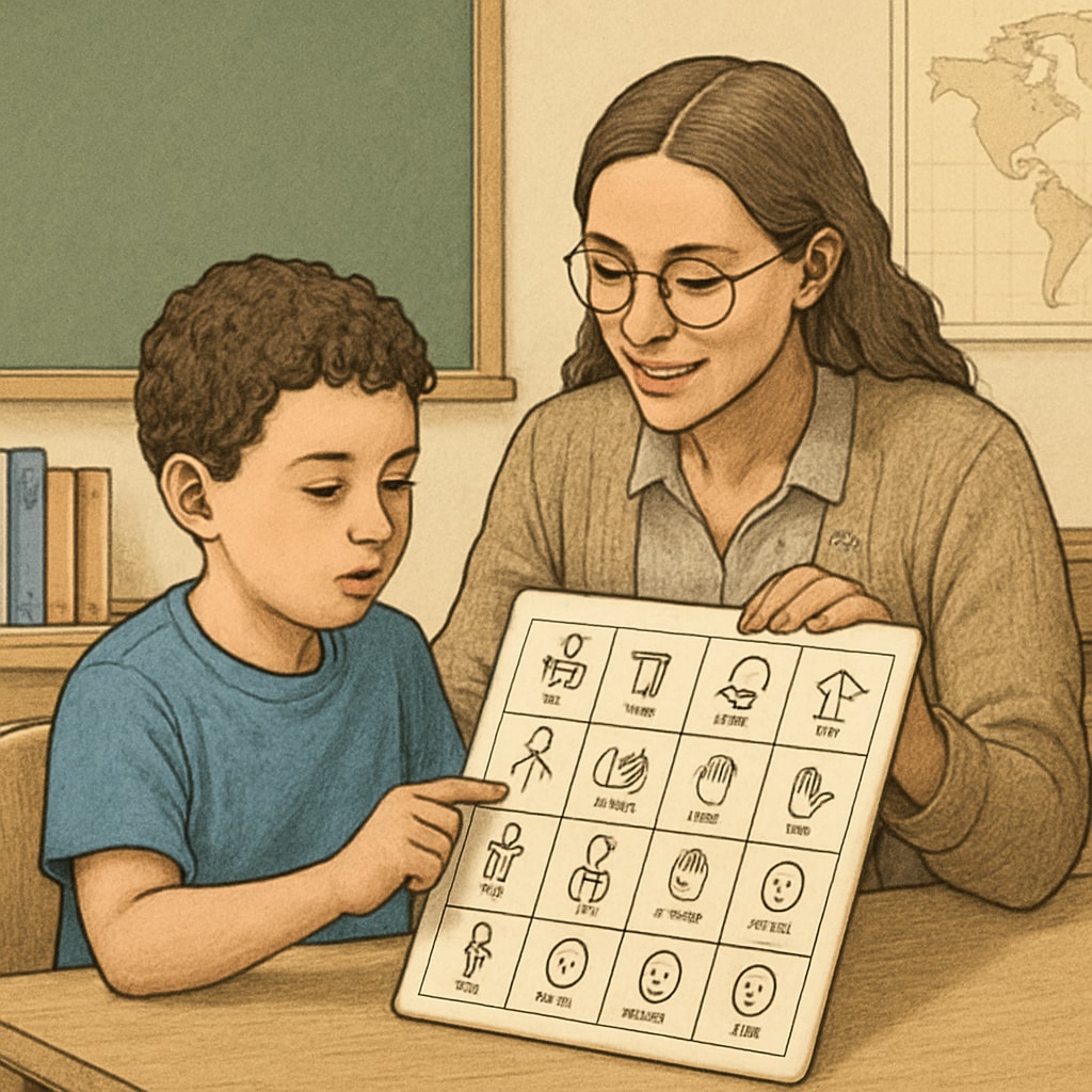 Teacher assistant using a visual communication board with an autism spectrum child.