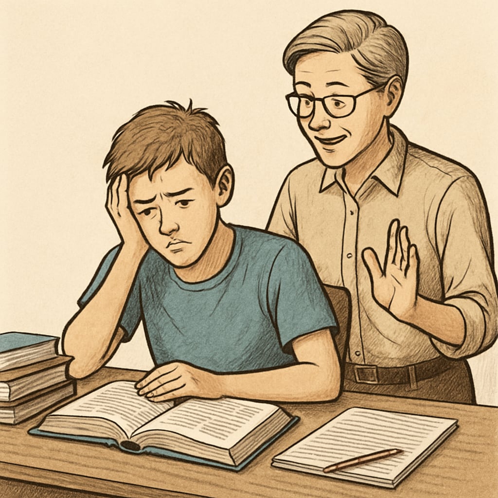 A teenager sitting at a desk, appearing overwhelmed by schoolwork, with a parent providing supportive guidance. Teen education and family support image showing parental guidance during study time.