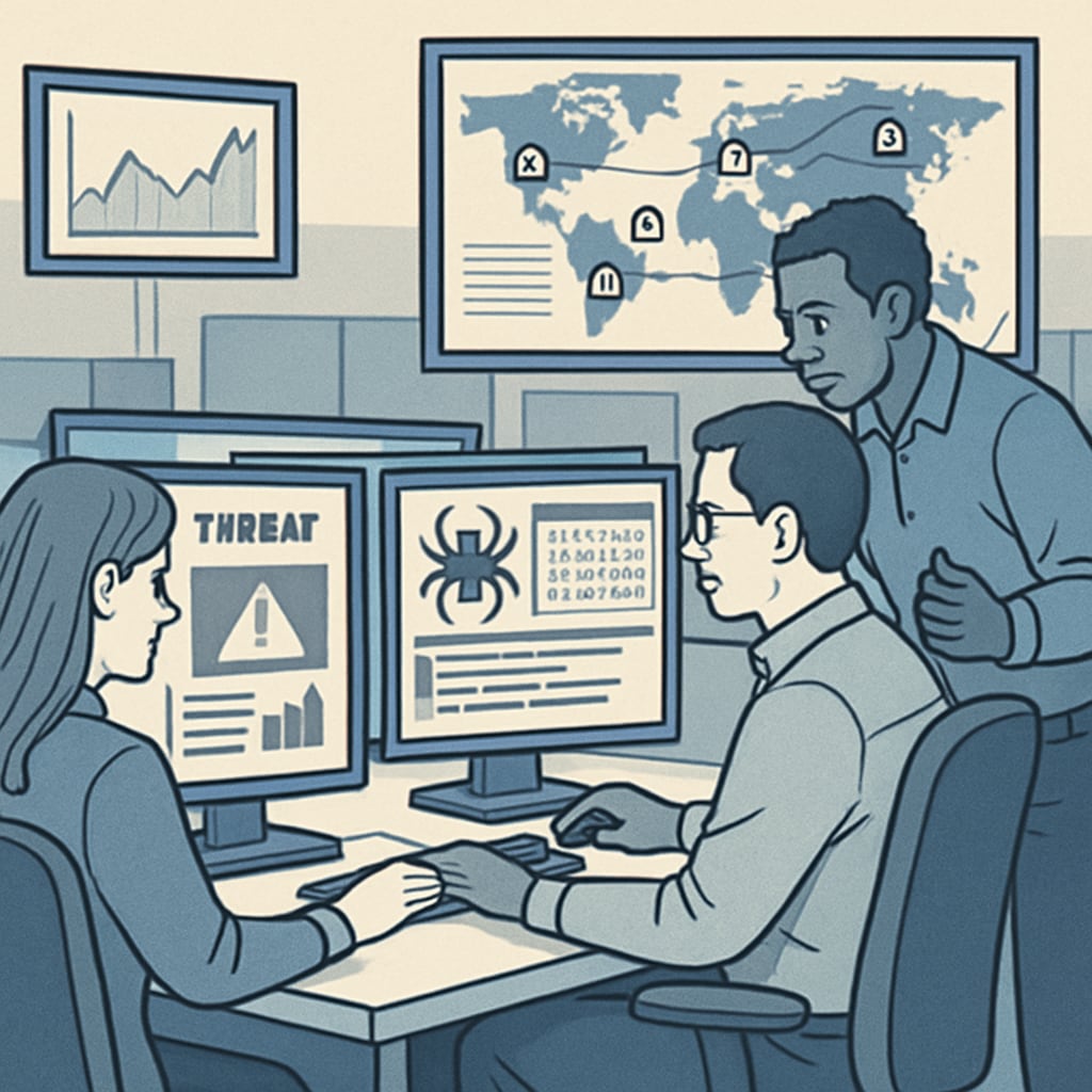 A professional setting showing cybersecurity specialists actively working on threat analysis tools, symbolizing the importance of practical skills in the industry. Cybersecurity professionals analyzing threats, highlighting skills over university reputation.