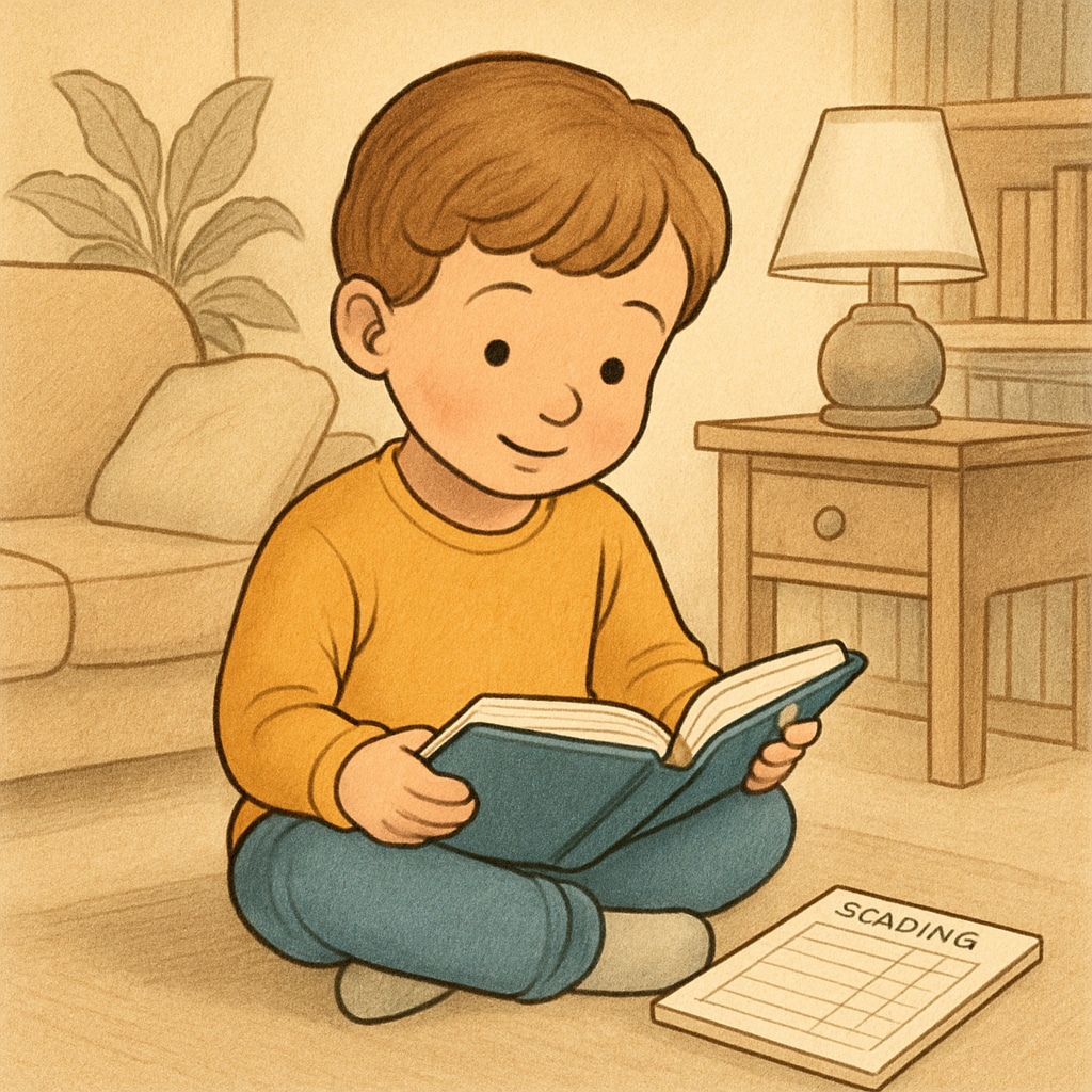 A young child reading a book in a cozy home setting, with a notebook nearby for tracking their progress. Child reading a book with a notebook for tracking progress, related to reading incentive systems.