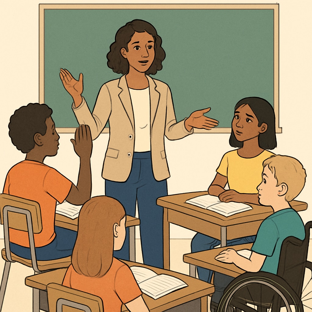 Teacher fostering inclusivity in a diverse classroom setting.