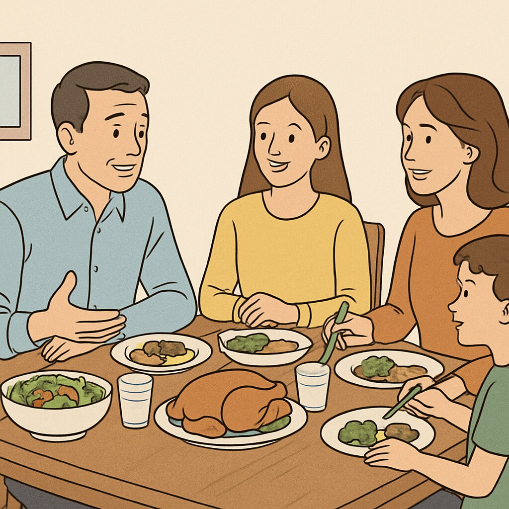 A family having dinner together, engaging in a meaningful conversation to build a supportive environment. Family support and healthy habits for teens image during a family dinner.