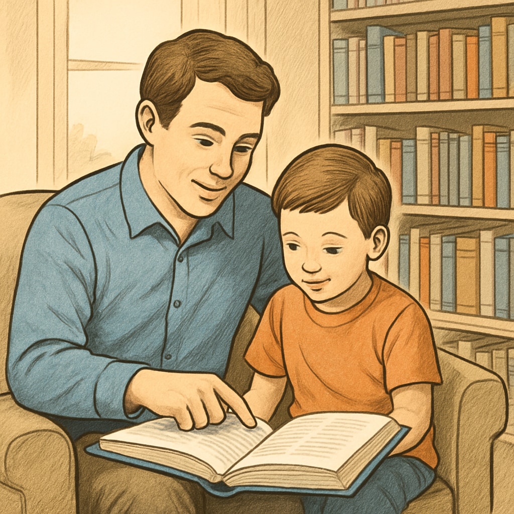 A parent and child reading together in a well-lit, comfortable room, surrounded by books on shelves. Parent and child reading together, showcasing a reading-friendly environment for kids.