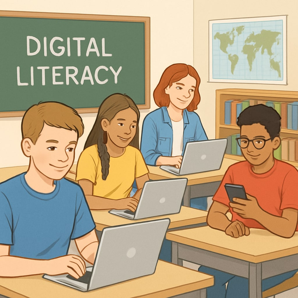 Teenagers engaging in digital literacy education in a UK classroom.