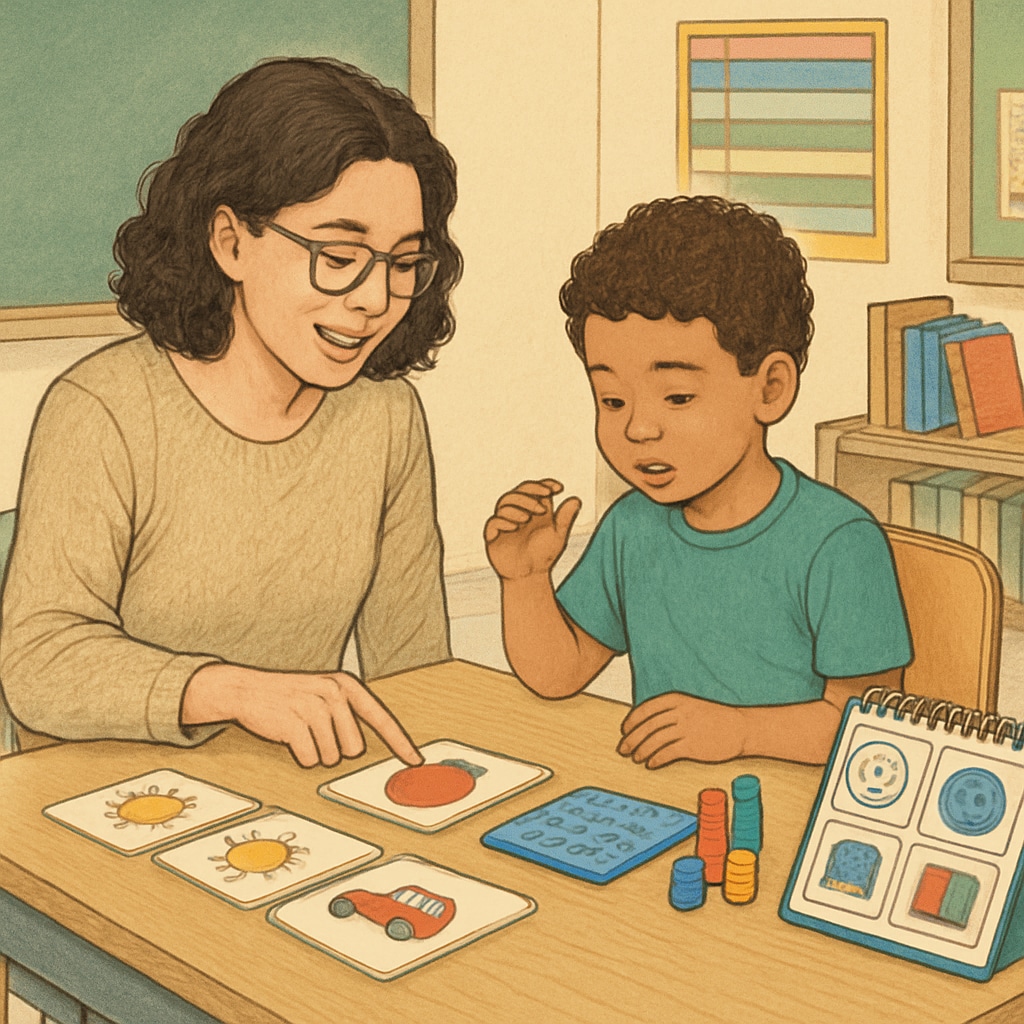 Teacher assistant supporting an autistic child with visual learning tools.